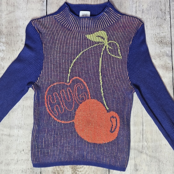 Urban Outfitters BDG Shauna Jacquard Cherry Mockneck Sweater In Navy size Medium - Picture 2 of 9